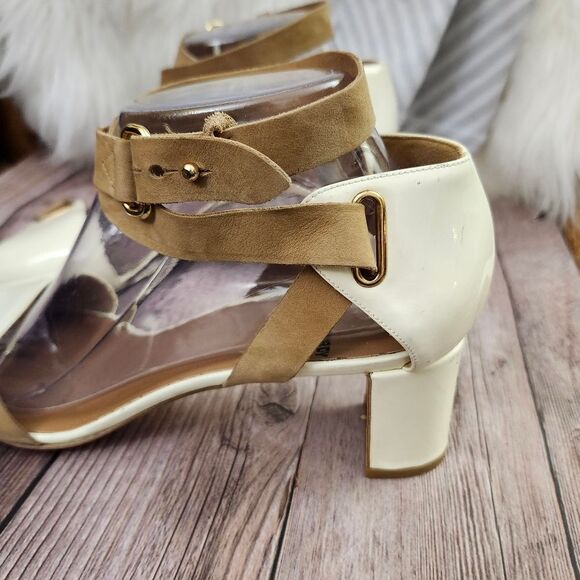 Pierre Hardy Cream/Tan Vtg Leather Ankle Wrap Block Heel Shoes Sz 40/9 - Picture 15 of 16